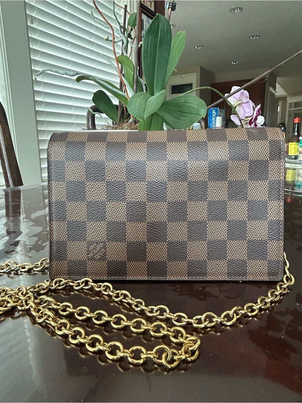 Louis Vuitton Damier Ebene Chain Wallet in Brown and Black - Picture 5 of 10